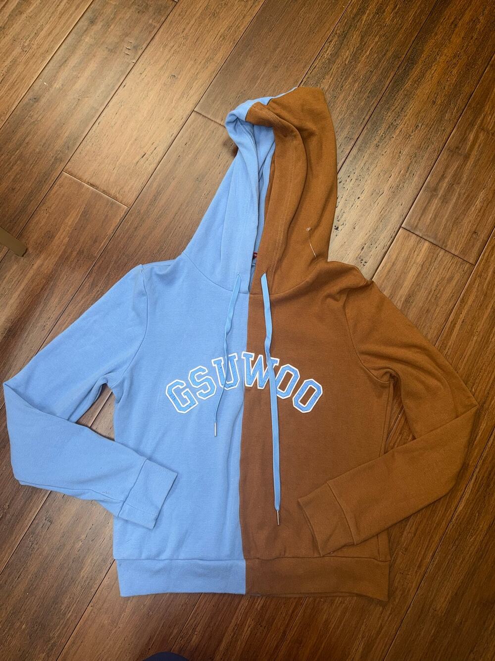 Rare GSUWOO split-tone pullover hoodie blue brown colorblock L Large